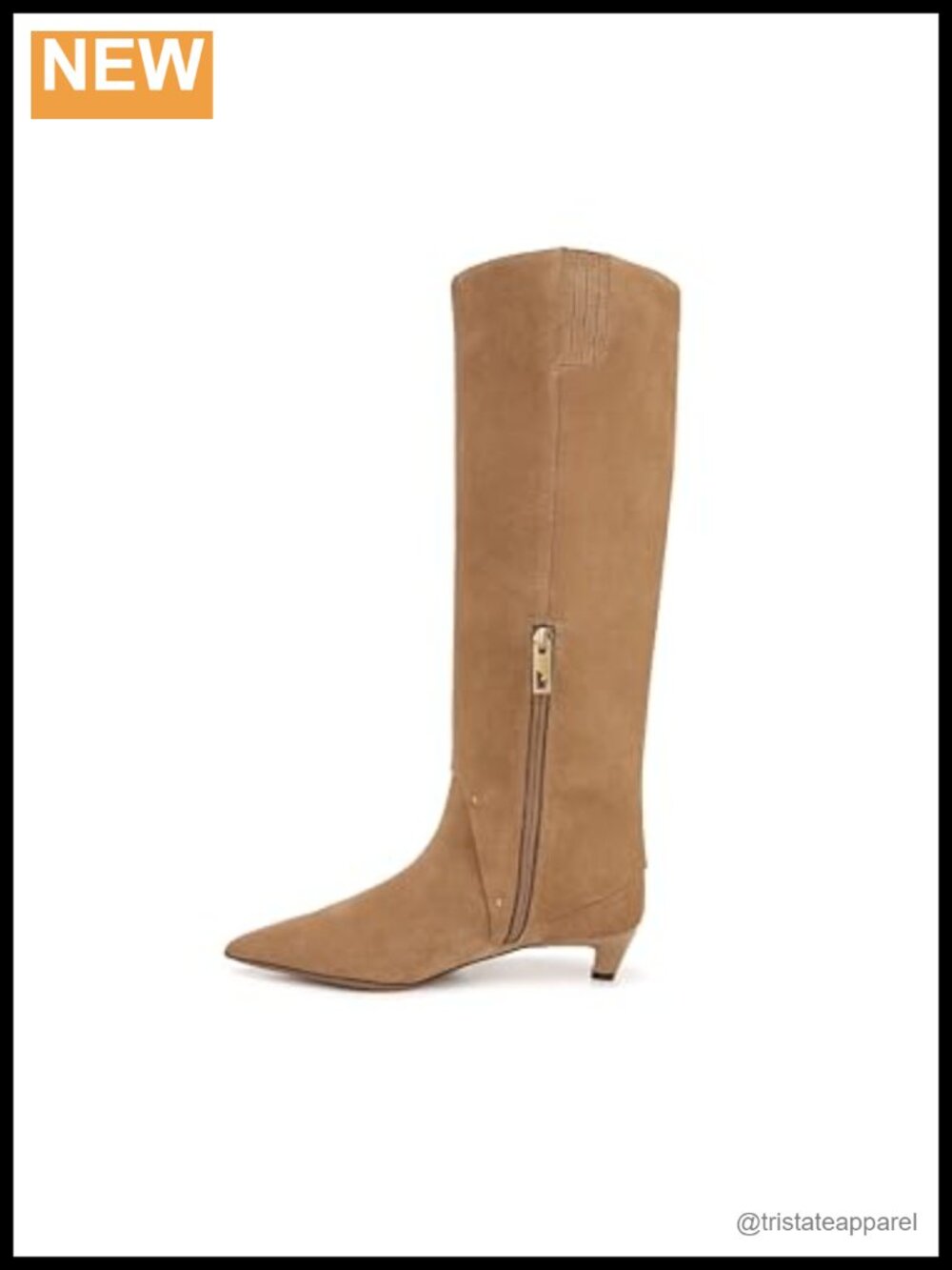 Knee High Pointed Toe Kitten Heel Boot, Leather, Zip Closure